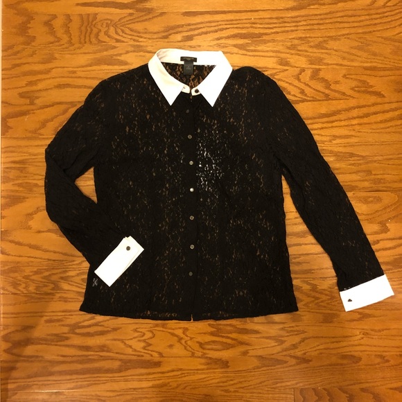 Ann Taylor Black Lace Button Down Shirt - Picture 2 of 3